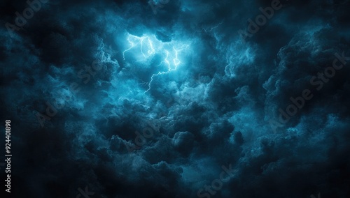 Dramatic Thunderstorm with Dark Blue Sky, Lightning Illuminates Night Sky Above Quiet Landscape with Swirling Clouds