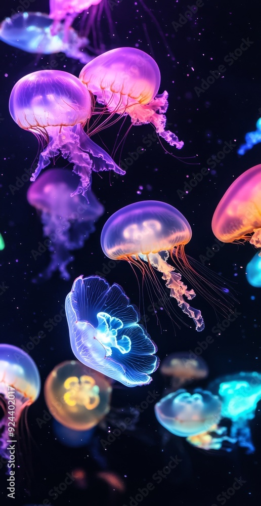 Naklejka premium a group of colorful glowing jellyfish floating in the dark ocean