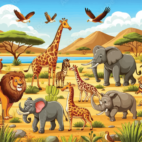 Cartoon wild animals in savannah African safari wildlife. vector