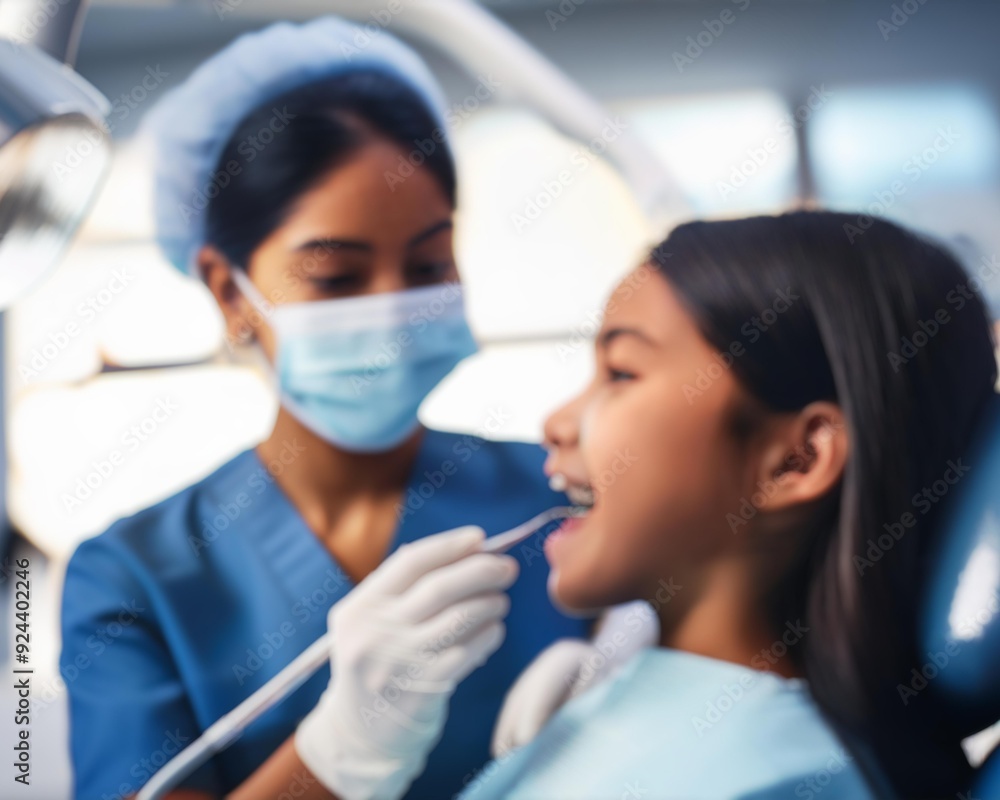 A blurry image of a dentist working on a patient's teeth in an operation room.