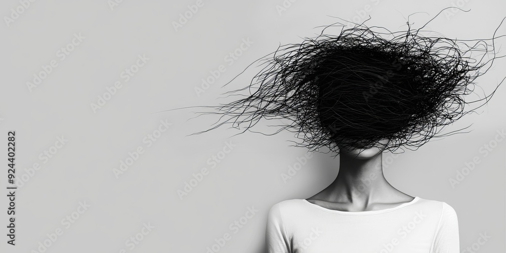 Fototapeta premium A young woman with simplified outlines, whose heads are replaced by scribbles symbolizing chaotic thoughts