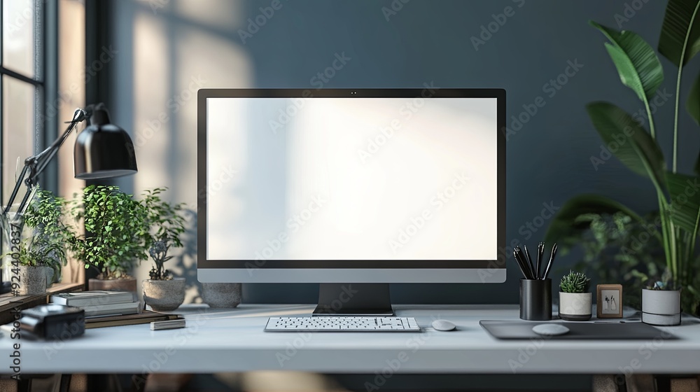 Modern Workspace. Realistic 3D rendering of a desk and desktop computer Modern Workspace. Realistic 3D rendering of a desk and desktop computer