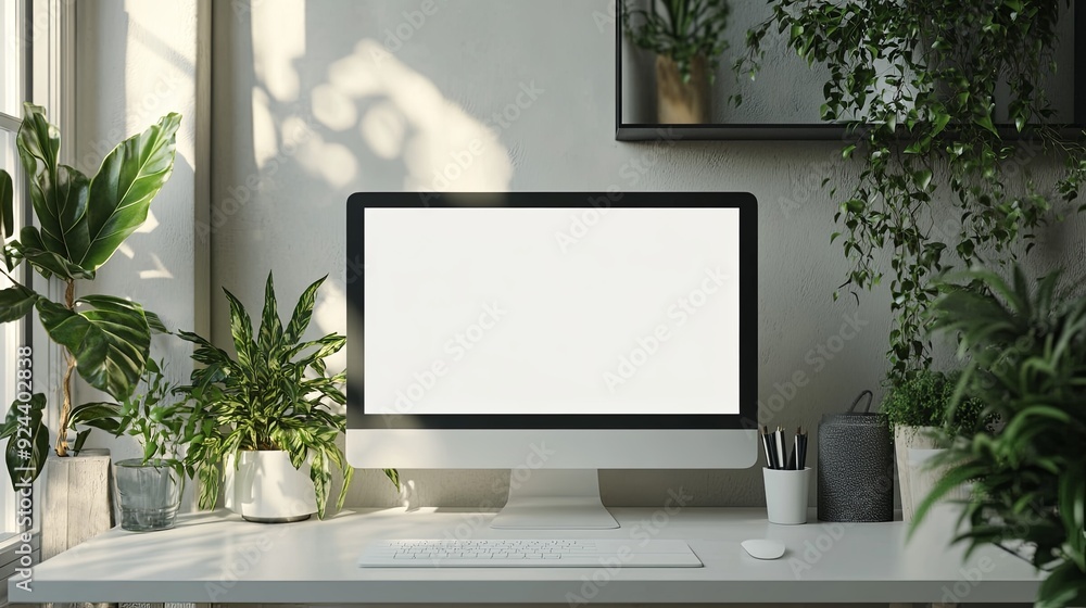 Modern Minimalist Workspace. Realistic 3D visualization of a white desk in a living room Modern Minimalist Workspace. Realistic 3D visualization of a white desk in a living room