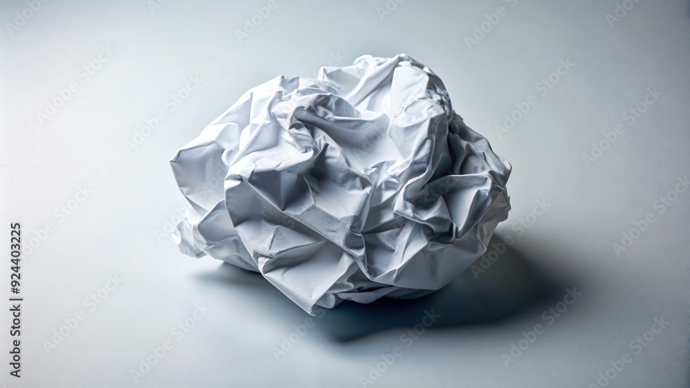 Crumpled and torn white paper scrap lies isolated on a clean empty background, symbolizing rejected ideas, mistakes, or abandoned creative projects. Crumpled and torn white paper scrap lies isolated on a clean empty background, symbolizing rejected ideas, mistakes, or abandoned creative projects.