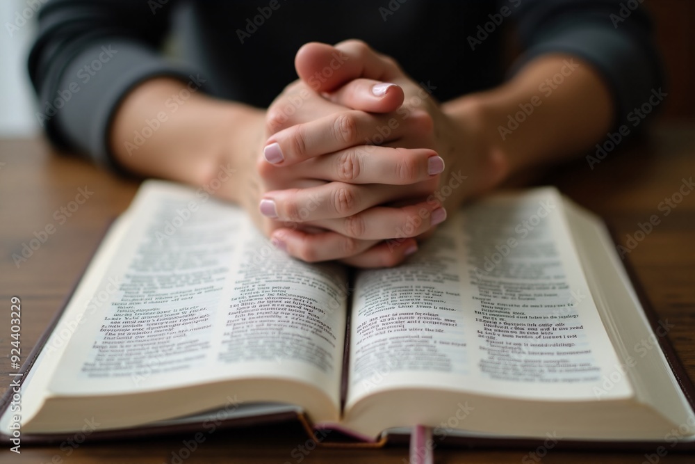Closeup on a prayer hands on an opened bible, a clasped hand resting on an open Bible, symbolizing devotion and spiritual connection. Closeup on a prayer hands on an opened bible, a clasped hand resting on an open Bible, symbolizing devotion and spiritual connection.