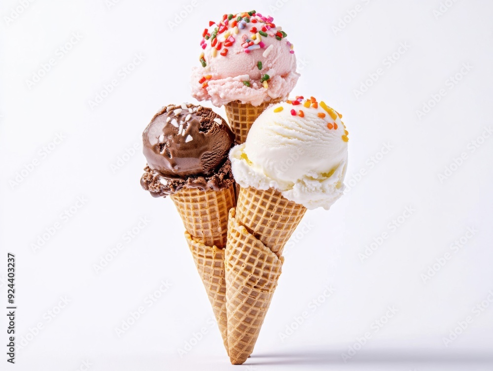 A vibrant stack of homemade ice cream cones, each adorned with a variety of toppings, is set against a crisp white background. A vibrant stack of homemade ice cream cones, each adorned with a variety of toppings, is set against a crisp white background.