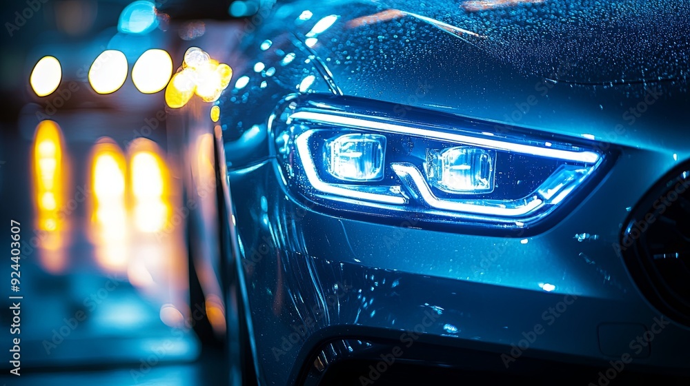 Sleek and High-Tech: Modern Car Xenon Headlight Close-Up. Automotive Innovation Concept Sleek and High-Tech: Modern Car Xenon Headlight Close-Up. Automotive Innovation Concept