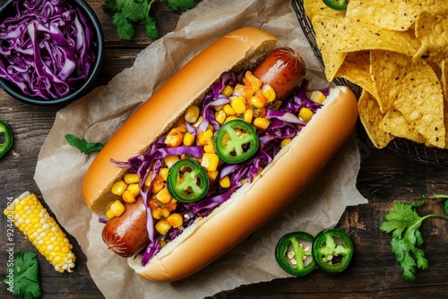 Hot dog with sweet corn, jalapenos, red cabbage, and nachos. with generative ai photo
