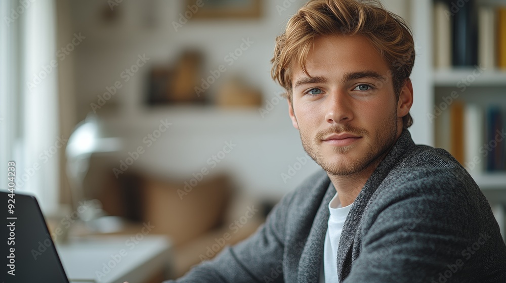 a young happy caucasian businessman working on laptop a young happy caucasian businessman working on laptop