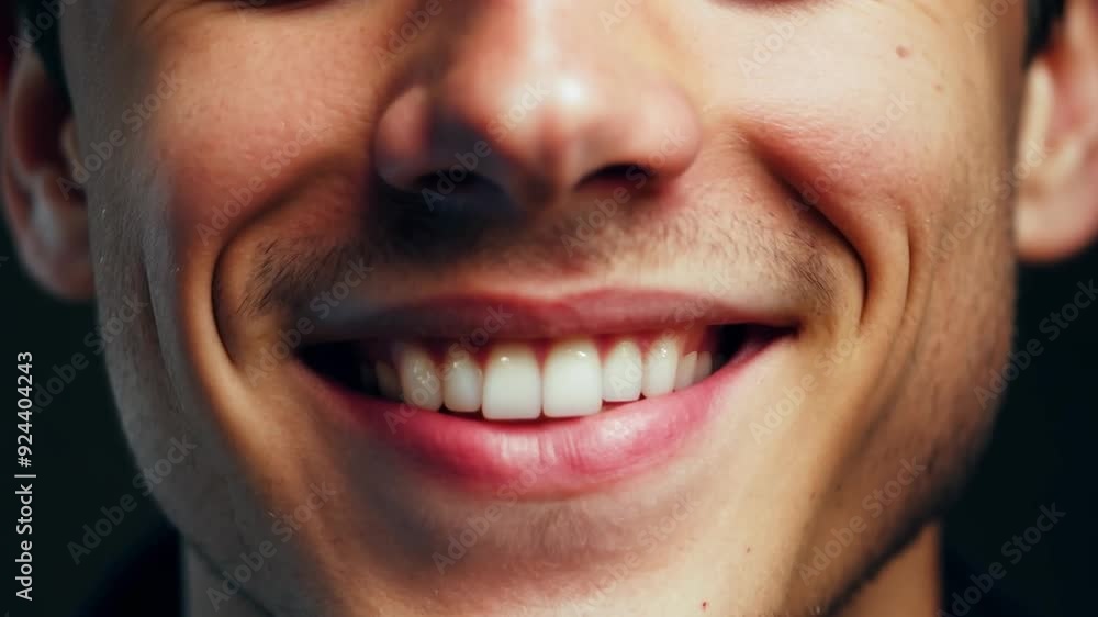 In a closeup shot, a young man with a captivating smile showcases his impeccably aligned, pearly white teeth, epitomizing the concept of dental perfection. Generative AI