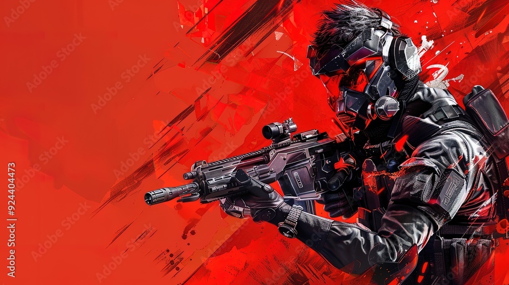 A Futuristic Soldier Holding a Gun with a Red Background A Futuristic Soldier Holding a Gun with a Red Background