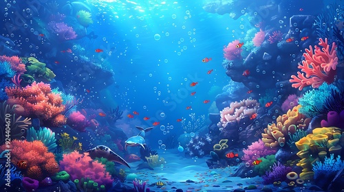 A magical cartoon ocean scene with adorable sea creatures like fish, rays, and sea turtles exploring vibrant coral reefs, colorful corals, and playful bubbles.