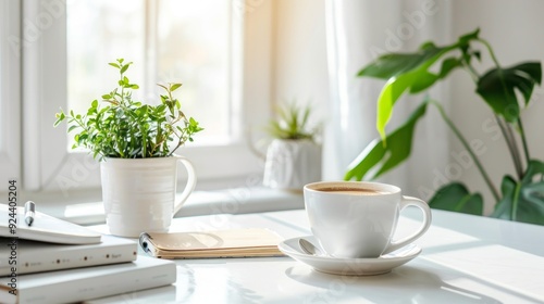 Comfortable workplace with coffee, stationery and houseplant on white table. Home office, copy space