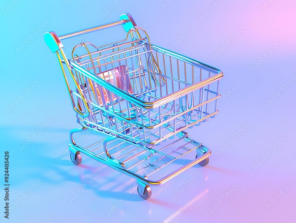 Shiny Chrome Shopping Cart on a Blue and Purple Gradient Background - 3D Illustration Shiny Chrome Shopping Cart on a Blue and Purple Gradient Background - 3D Illustration