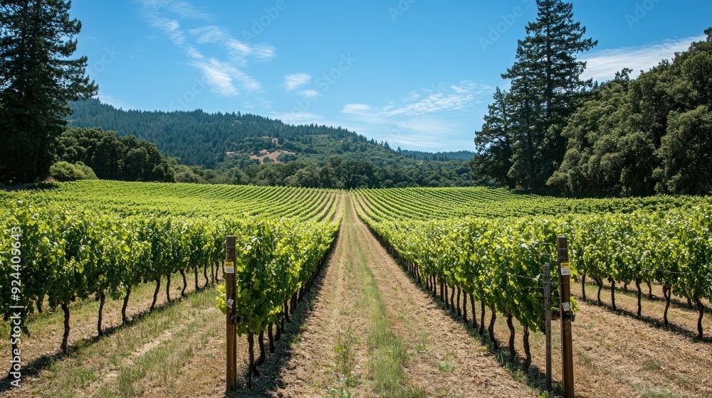 Naklejka premium Vineyard Rows in the Sun