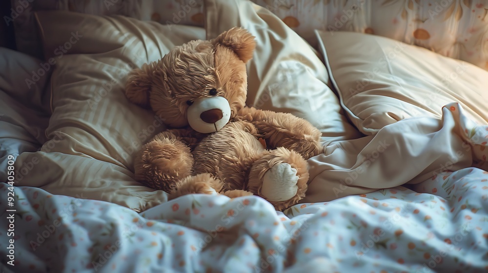 Adorable teddy bear curled up on the bed