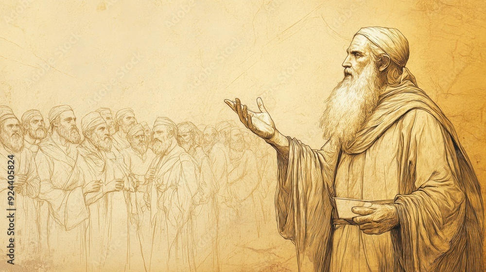 Fototapeta premium Deuteronomy's Tithing Law: Moses teaching importance of supporting Levites and needy. Biblical illustration with beige background for Bible wall art.