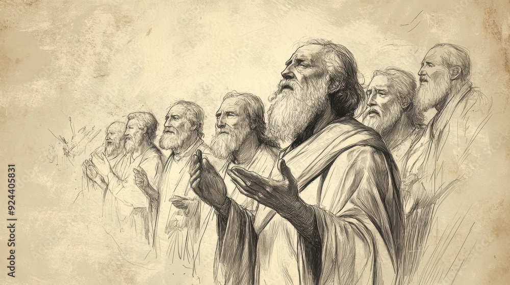 Fototapeta premium The Song of Moses in Deuteronomy - Blessings and Curses - Israelites Deeply Moved - Biblical Illustration - Bible Wall Art with Beige Background