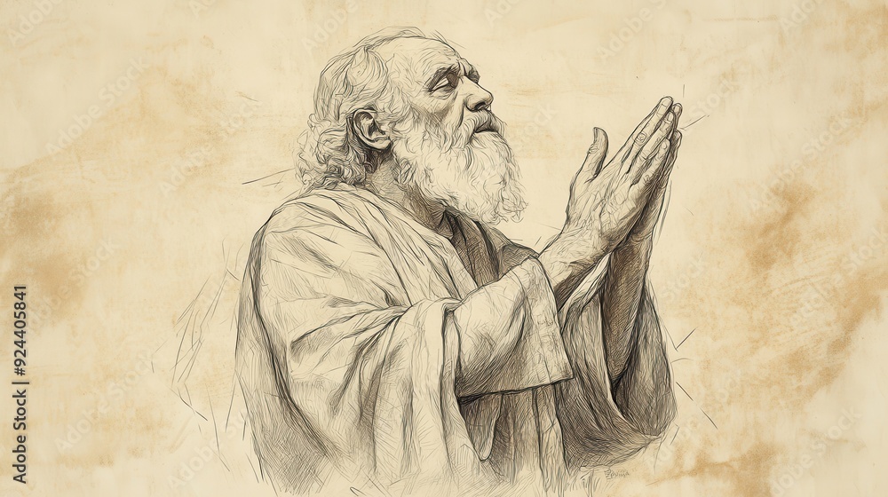 Fototapeta premium The Death of Moses in Deuteronomy - Moses Praying and Giving Thanks - Biblical Illustration - Bible Wall Art with Beige Background