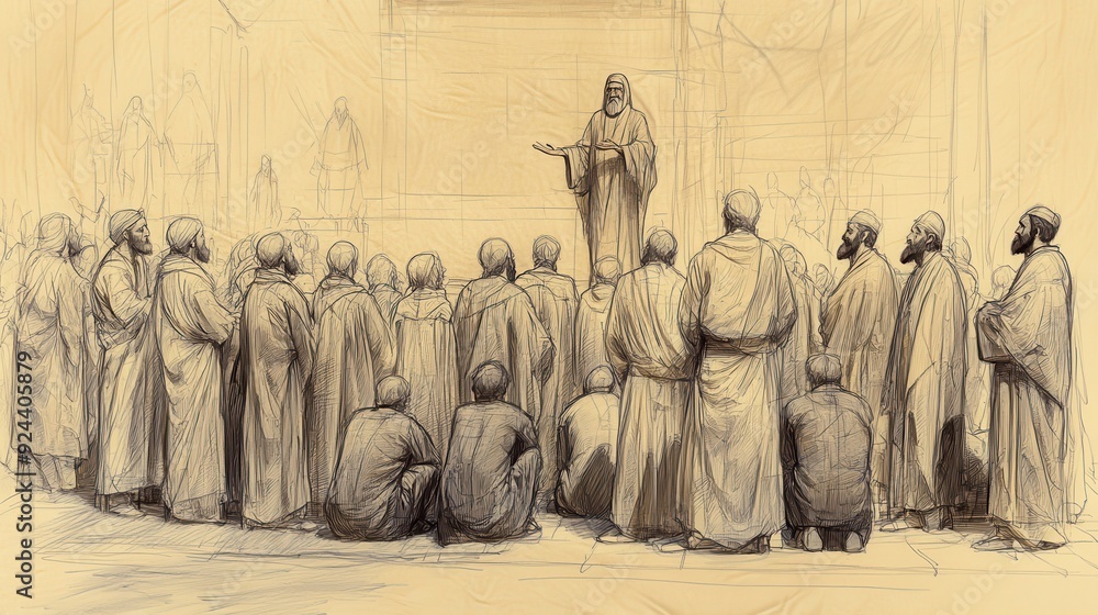 Fototapeta premium Deuteronomy's Prayer Service: Moses leading prayer at Tabernacle. Biblical illustration with beige background for Bible wall art.
