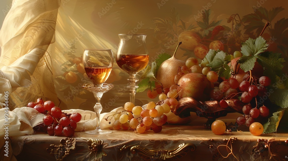 Still Life with Grapes, Wine Glasses, and Fruit on a Table Stock Photo ...