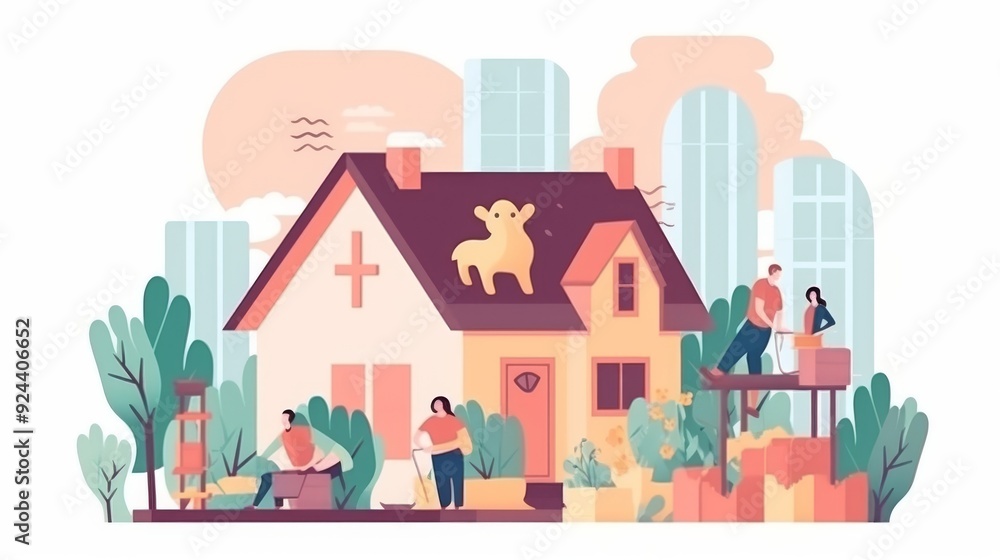A group of people are working on a house with a cow on the roof A group of people are working on a house with a cow on the roof