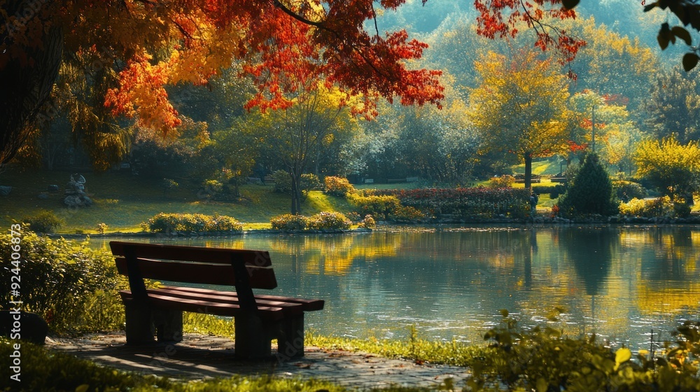 Autumnal Park Bench by the Lake Autumnal Park Bench by the Lake