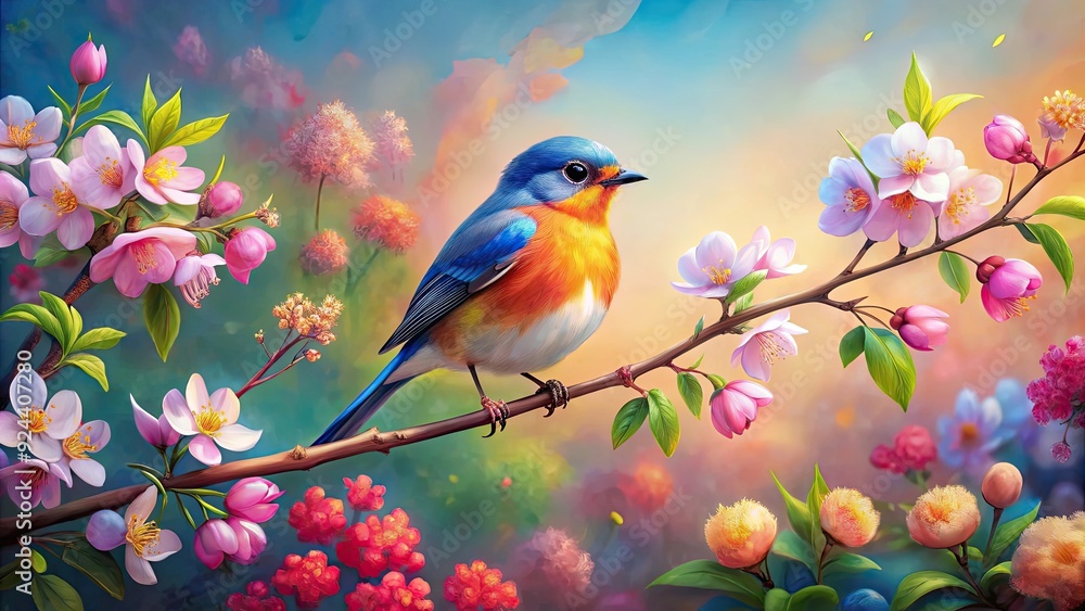Bird on a branch surrounded by vibrant spring flowers oil painting, bird, spring, flowers, art, painting, oil, acrylic Bird on a branch surrounded by vibrant spring flowers oil painting, bird, spring, flowers, art, painting, oil, acrylic