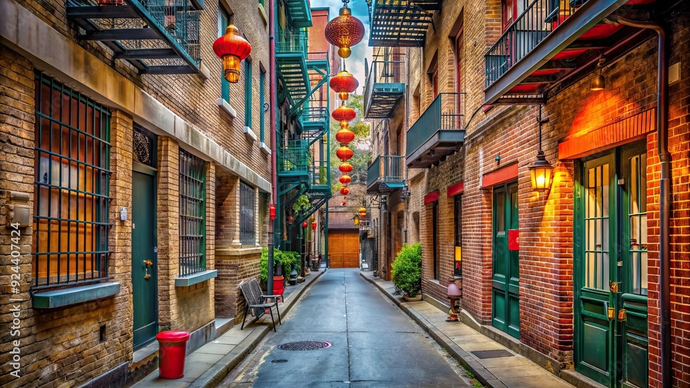 Fototapeta premium Narrow alleyway in San Francisco's Chinatown , Chinatown, San Francisco, alley, urban, Chinese, culture, street
