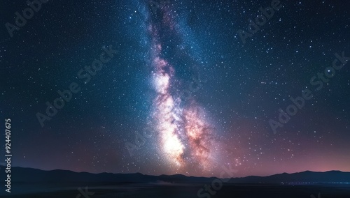 Milky Way Galaxy Illuminates Serene Ocean at Night Landscape background. Starry Sky Reflection on Water with Majestic Mountains Under a Starry Milky Way Sky