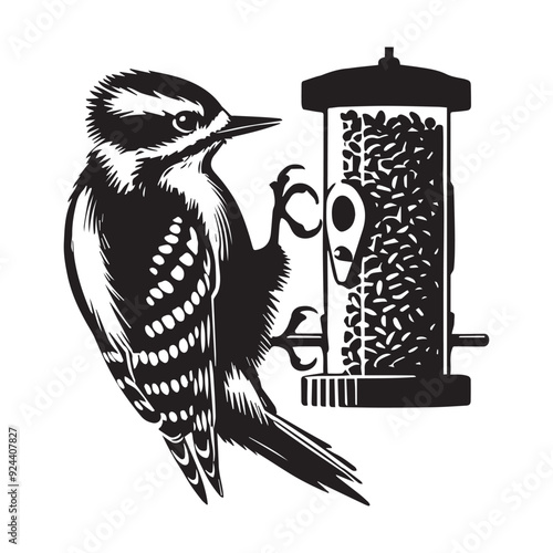 Downy woodpecker silhouette, Woodpecker  Bird Clipart, Downy Woodpecker clinging feeder with one foot up  illustration