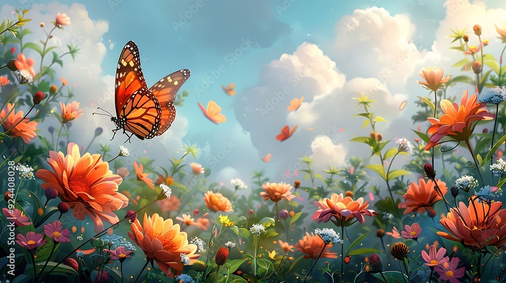 A whimsical cartoon garden teeming with butterflies of various species, fluttering among vibrant flowers. The background features a sunny sky, tall trees, and a tranquil pond, A whimsical cartoon garden teeming with butterflies of various species, fluttering among vibrant flowers. The background features a sunny sky, tall trees, and a tranquil pond,