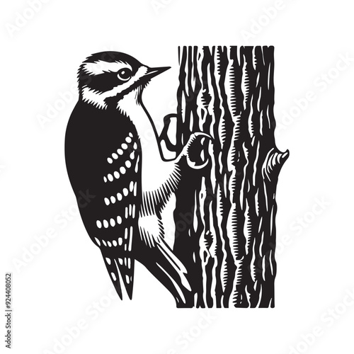 Downy woodpecker silhouette, Woodpecker  Bird Clipart, Downy Woodpecker clinging illustration 