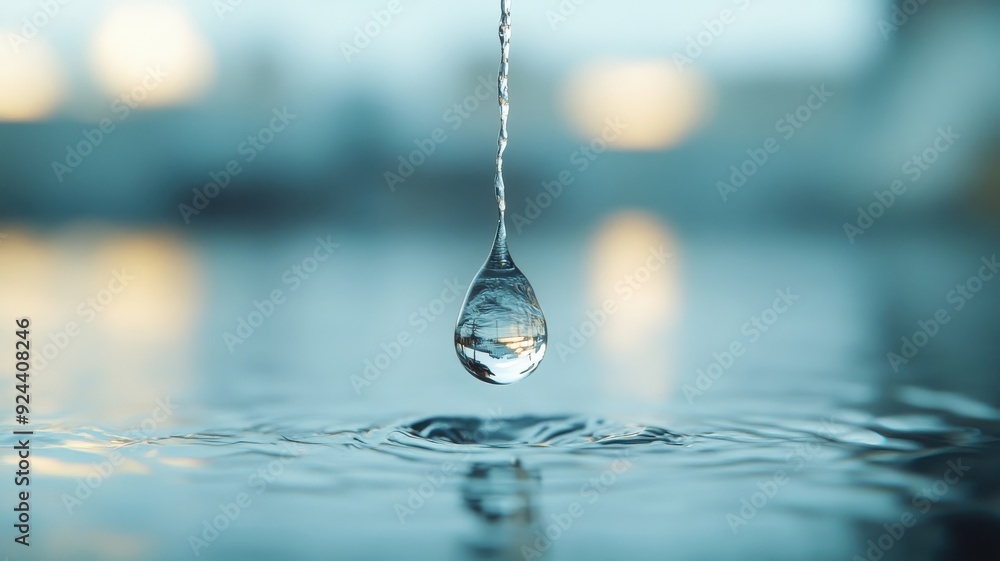 Raindrop falling in slow motion, reflecting distorted world below. Raindrop falling in slow motion, reflecting distorted world below.