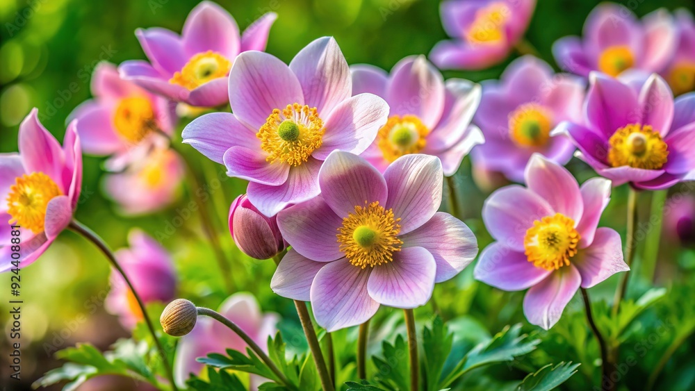 Delicate, newly bloomed virgin flowers with gentle, purplish-pink petals and soft yellow centers sway in the breeze, surrounded by lush green foliage in early spring. Delicate, newly bloomed virgin flowers with gentle, purplish-pink petals and soft yellow centers sway in the breeze, surrounded by lush green foliage in early spring.