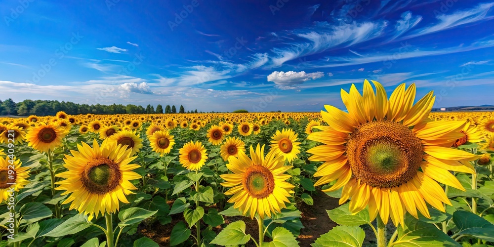 Obraz premium Vibrant sunflower field under the clear blue sky, Nature, yellow, flowers, sunny, happiness, growth, beauty, summer, agriculture