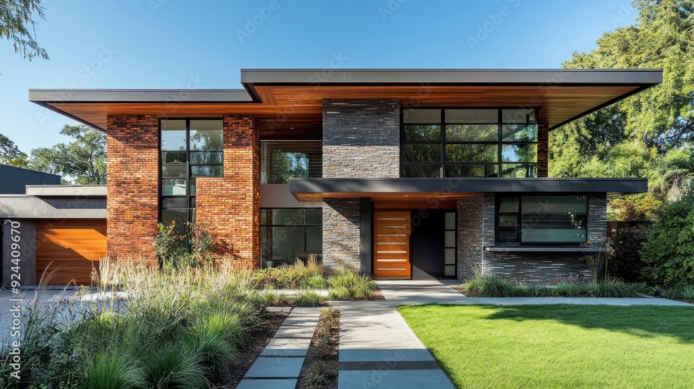Modern Brick and Stone House with Landscaped Front Yard Modern Brick and Stone House with Landscaped Front Yard