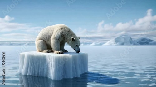 A polar bear rests on a diminishing ice floe, solitude and vulnerability, its home rapidly disappearing as a result of the Earth's changing climate. Generative AI photo