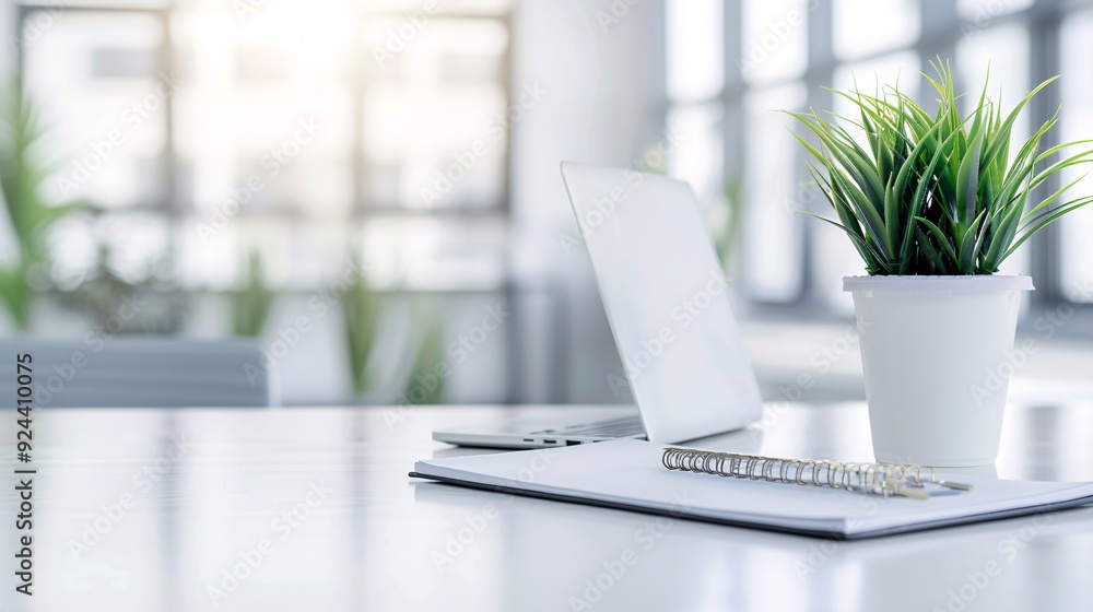 Fototapeta premium A high-resolution photo of a clean and modern office workspace with a laptop and notepad, soft natural light,