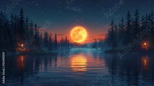 Wallpaper Mural A whimsical cartoon scene of characters fishing on a serene lake under the moonlight. The background features a calm lake with moonlit reflections, surrounded by tall pine trees and twinkling stars. Torontodigital.ca