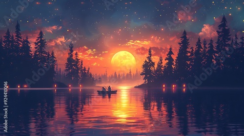 A whimsical cartoon scene of characters fishing on a serene lake under the moonlight. The background features a calm lake with reflections of the full moon,
