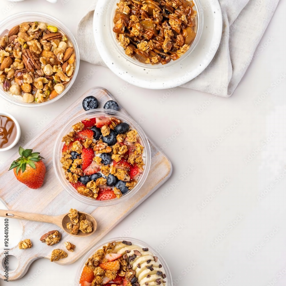 Healthy breakfast food with granola, yogurt, fruits and nuts. Dessert parfait with dried fruits for breakfast. Healthy breakfast food with granola, yogurt, fruits and nuts. Dessert parfait with dried fruits for breakfast.