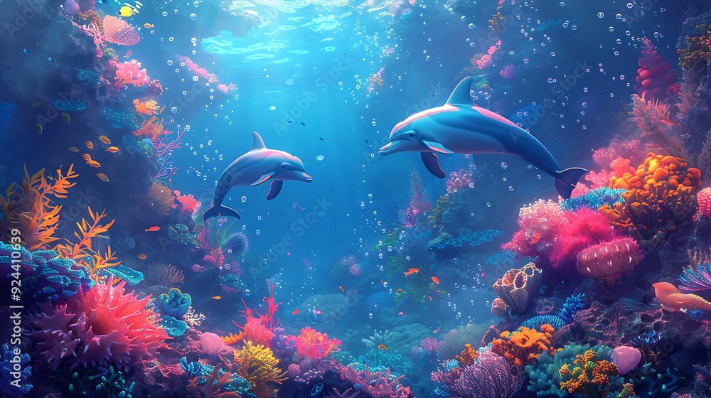 A whimsical cartoon underwater adventure with cute sea animals like dolphins, jellyfish, and starfish swimming around colorful coral reefs, bright corals, and sparkling bubbles. A whimsical cartoon underwater adventure with cute sea animals like dolphins, jellyfish, and starfish swimming around colorful coral reefs, bright corals, and sparkling bubbles.