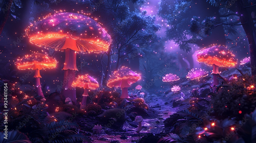 Fototapeta premium An enchanted cartoon forest with glowing mushrooms, fairy lights, and talking plants, whimsical creatures exploring, and a cloudy sky. The background shows a mysterious cave, colorful foliage,