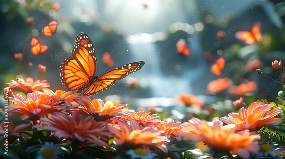 A magical cartoon butterfly garden scene with a multitude of butterflies dancing around colorful flowers. The background includes a clear blue sky, a small waterfall, and lush greenery, A magical cartoon butterfly garden scene with a multitude of butterflies dancing around colorful flowers. The background includes a clear blue sky, a small waterfall, and lush greenery,