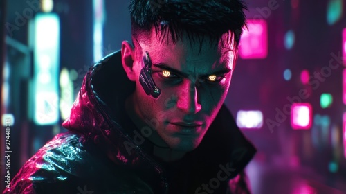 Cyberpunk Man with Glowing Eyes in a Neon-Lit City photo