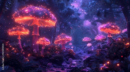 An enchanted cartoon forest with glowing mushrooms, fairy lights, and talking plants, whimsical creatures exploring, and a cloudy sky. The background shows a mysterious cave, colorful foliage,