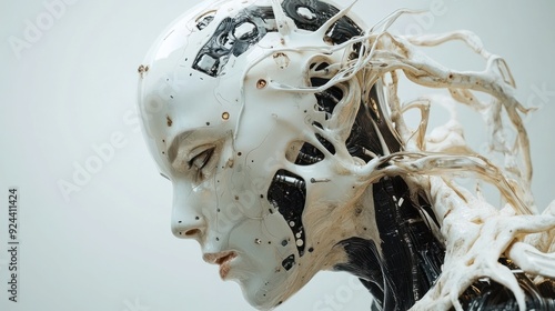 Close-up of a white robotic head with intricate circuitry and exposed wiring