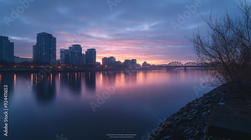 Cityscape, dawn, sunrise, city lights, peaceful scenery.