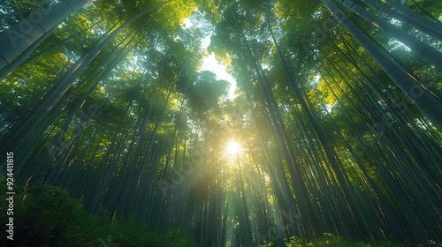 A beautiful scene of Arashiyama Bamboo Grove, soft sunlight illuminating the tall bamboo stalks, creating a peaceful and calming ambiance, detailed textures, vivid greens, hd quality, natural look.